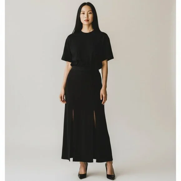 Black Flowing Maxi Skirt with Slits - Picture 5 of 6